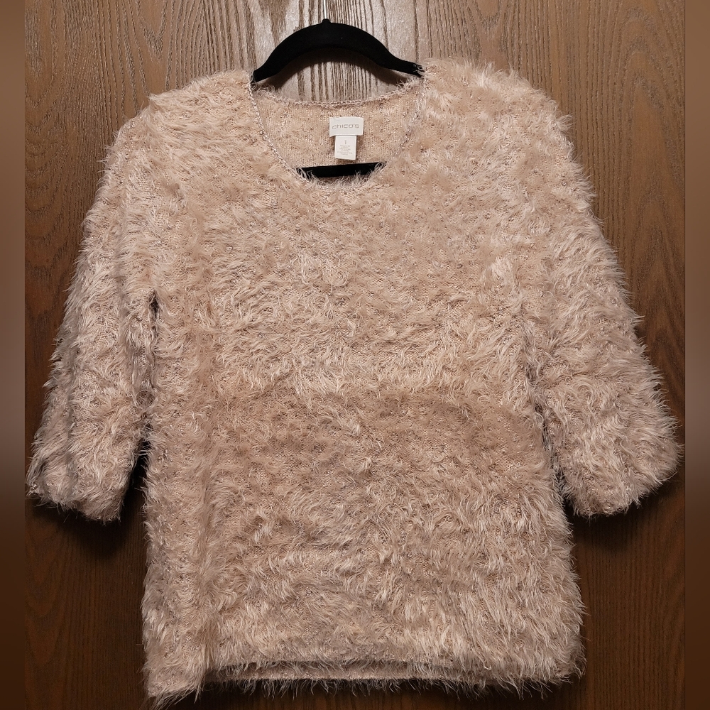 Chico's Cozy Angora Type Short Slleeve Fuzzy Sweater W/Gold Flecks Size 1 (M)